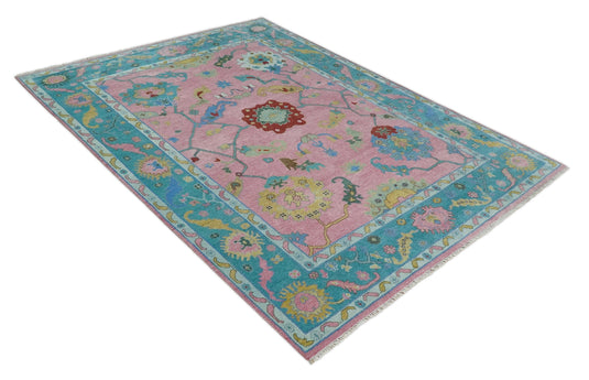 Oushak Pink and Blue 10x14 Hand Knotted Traditional Vintage Persian Style Antique Wool Rug | CP8671014