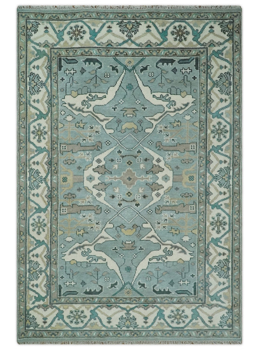 Traditional Antique 6x9 Vintage Oriental Oushak Blue, Ivory and Camel Hand Knotted Wool Area Rug | CP87169