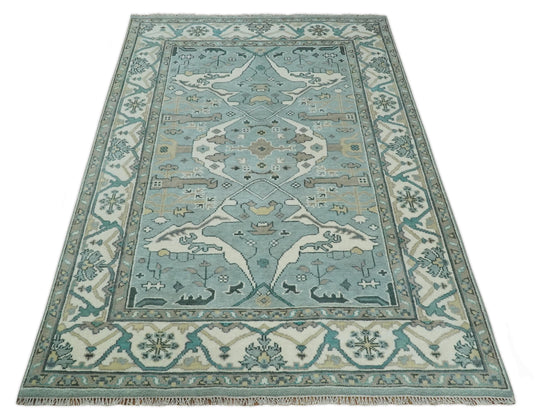 Traditional Antique 6x9 Vintage Oriental Oushak Blue, Ivory and Camel Hand Knotted Wool Area Rug | CP87169