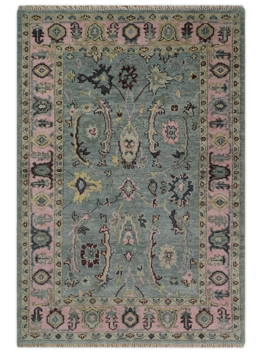 5x8, 6x9, 8x10, 9x12 and 10x14 Blue and Pink Rug Hand Knotted Antique Persian Oushak Antique Wool Rug, Living Room Rug | CP693