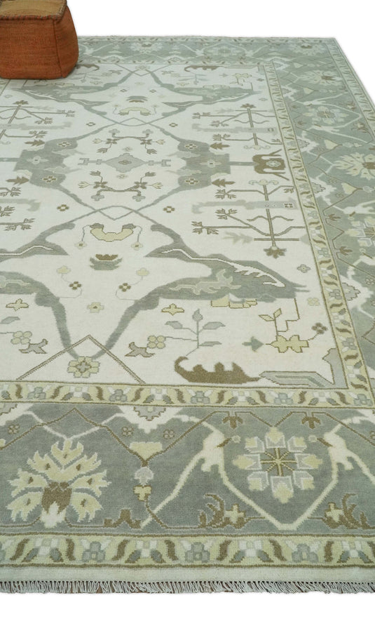 Traditional Ivory, Gray and Brown Hand knotted 10x14 Vintage Oriental Oushak Area Rug, Living Room, Dinning and Kitchen Rug | CP8741014