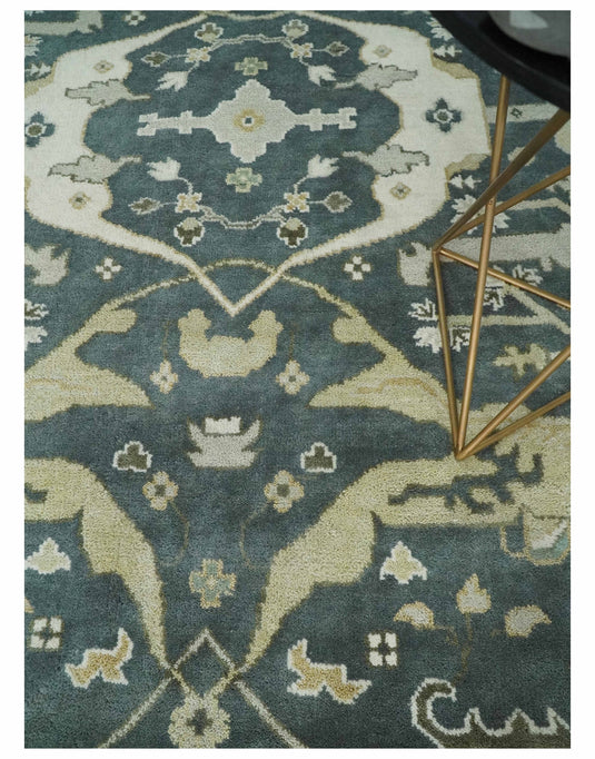 Traditional Blue Teal, Olive and Ivory Oriental Hand knotted Oushak Eclectic 8x10 All Wool Area Rug, Living Room Rug | CP880810