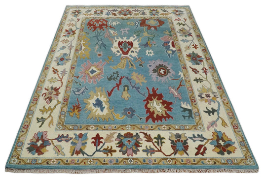 Hand knotted Turkish Oushak 9x12 Traditional Blue Ivory Vibrant Colorful Rug, Vintage Antique Living Room and Bedroom | CP720912
