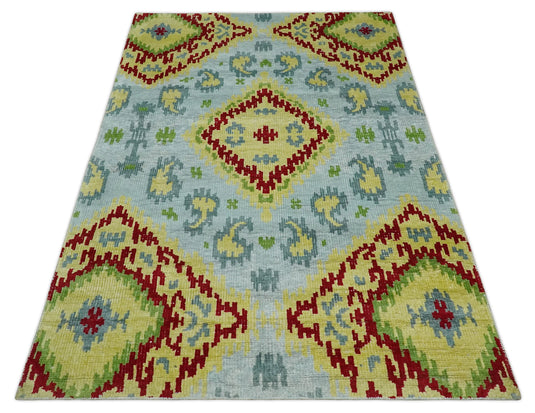 Hand Knotted Persian made of Recycled Silk Area Rug, Silver, mustard and red, 4.5x6.5 | OP129