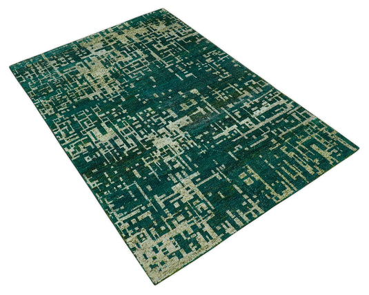 Hand Knotted Modern Abstract Contemporary Recycled Silk Area Rug, Teal green, Olive and Beige, 5x8| OP13058