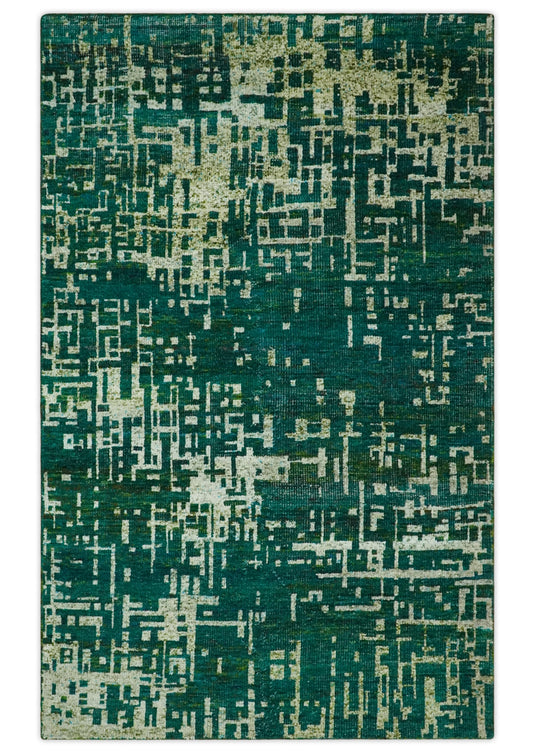 Hand Knotted Modern Abstract Contemporary Recycled Silk Area Rug, Teal green, Olive and Beige, 5x8| OP13058
