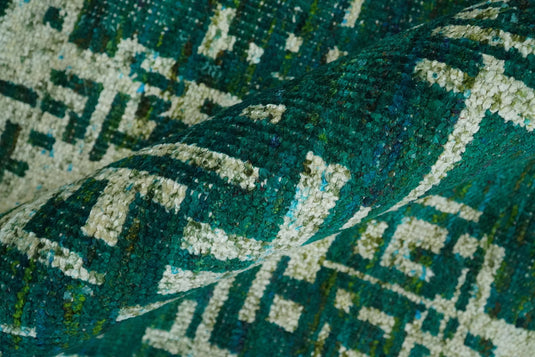 Hand Knotted Modern Abstract Contemporary Recycled Silk Area Rug, Teal green, Olive and Beige, 5x8| OP13058