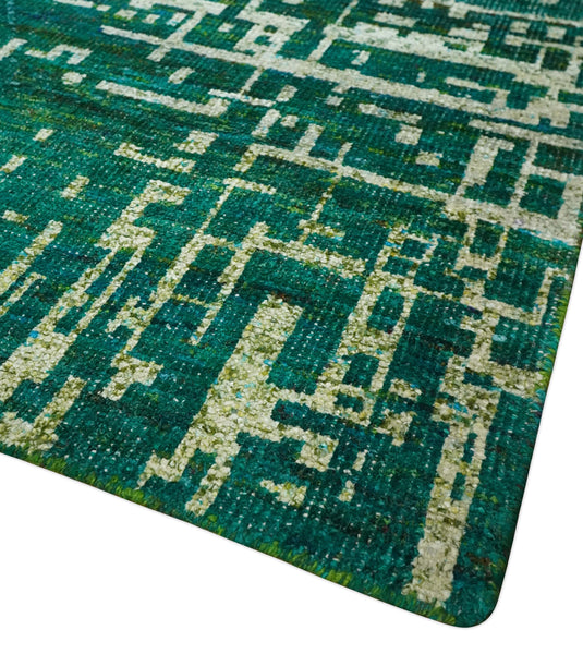 Hand Knotted Modern Abstract Contemporary Recycled Silk Area Rug, Teal green, Olive and Beige, 5x8| OP13058