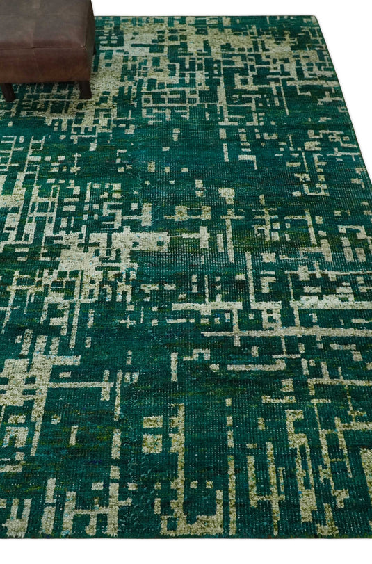 Hand Knotted Modern Abstract Contemporary Recycled Silk Area Rug, Teal green, Olive and Beige, 5x8| OP13058