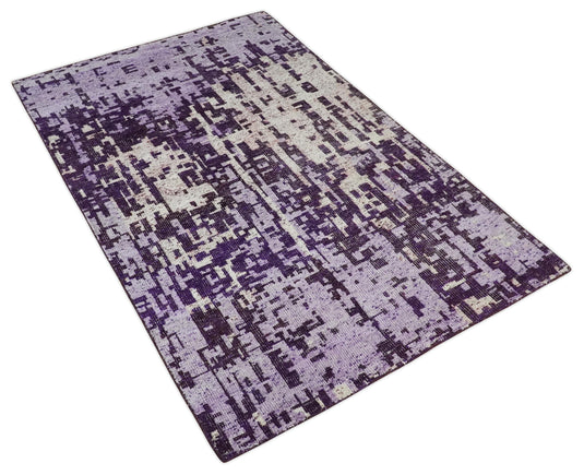 Hand Knotted Modern Abstract Contemporary Recycled Silk Area Rug, Purple, Violet and Ivory, 5x8 | OP13158