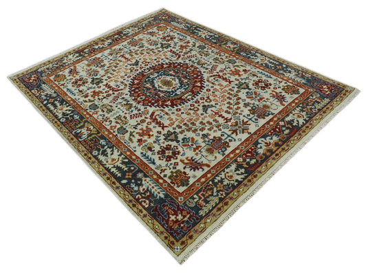 Traditional Ivory, Blue and Red Hand knotted 9x12 Vintage Oriental Medallion Area Rug, Living Room, Dinning and Kitchen Rug | CP900810