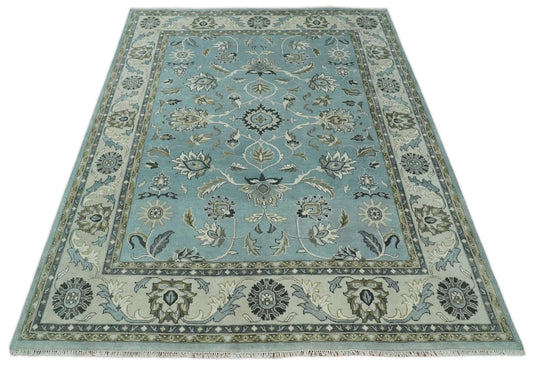 Traditional Antique 9x12 Vintage Oriental Oushak Blue, Ivory and Grey Hand Knotted Wool Area Rug | CP908912