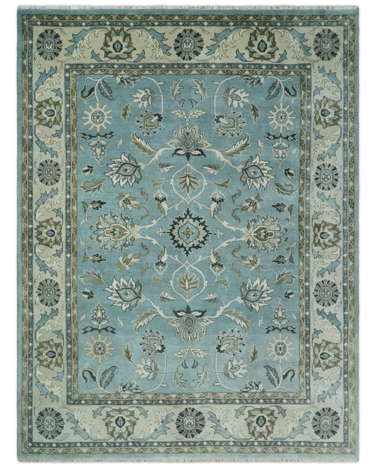Traditional Antique 9x12 Vintage Oriental Oushak Blue, Ivory and Grey Hand Knotted Wool Area Rug | CP908912