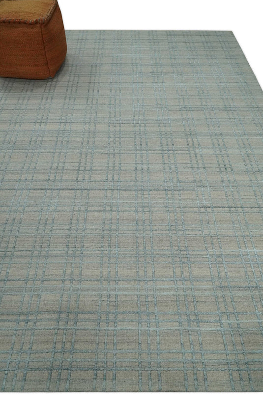 Flatwoven Hand Made Modern Geometric striped Scandinavian Blended Wool Area Rug, Beige and Silver,8x10 | KE11