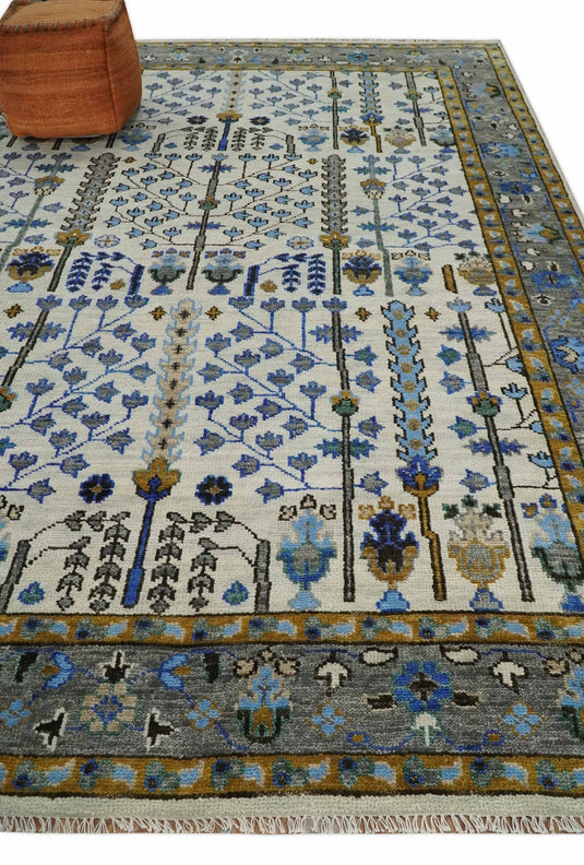 Turkish Wool Oushak Rug, Ivory, Gray and Blue Hand Knotted 6x9, 8x10, 9x12 and 10x14 Vintage Persian Rug, Bedroom, Living Room Rug | CP708