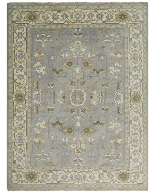 Traditional Silver, Ivory and Brown Hand knotted 9x12 Vintage Oriental Oushak Area Rug, Living Room, Dinning and Kitchen Rug | CP741912