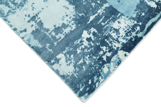 Oversize Large Abstract Blended Wool and Bamboo Silk Area Rug, Blue and White, 8x10, 9x12,10x14 | QT14