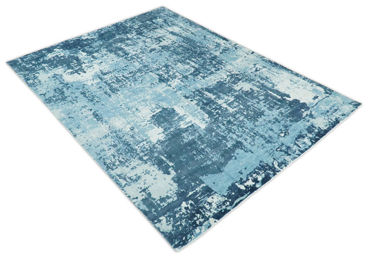 Oversize Large Abstract Blended Wool and Bamboo Silk Area Rug, Blue and White, 8x10, 9x12,10x14 | QT14