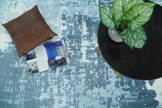 Oversize Large Abstract Blended Wool and Bamboo Silk Area Rug, Blue and White, 8x10, 9x12,10x14 | QT14