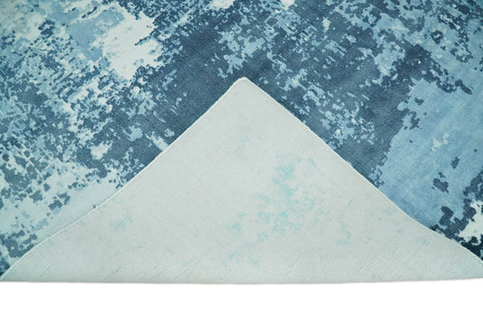 Oversize Large Abstract Blended Wool and Bamboo Silk Area Rug, Blue and White, 8x10, 9x12,10x14 | QT14