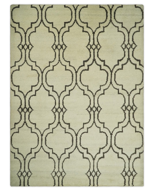 Modern Moroccan Trellis Natural Farmhouse Wool Hand Woven Rug, Ivory and Brown, 6x8 | HL1