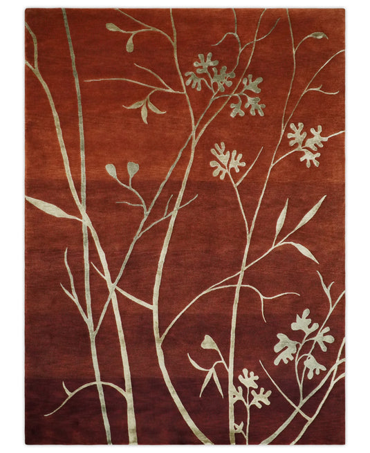 Floral Natural Farmhouse Wool and Silk Hand Woven Rug, Rust and Gold ,6x8 | HL268