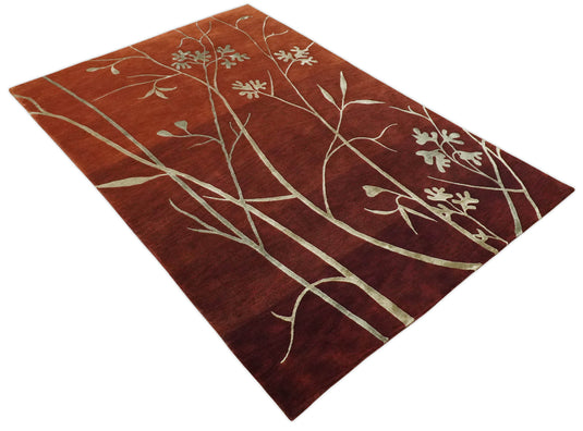Floral Natural Farmhouse Wool and Silk Hand Woven Rug, Rust and Gold ,6x8 | HL268