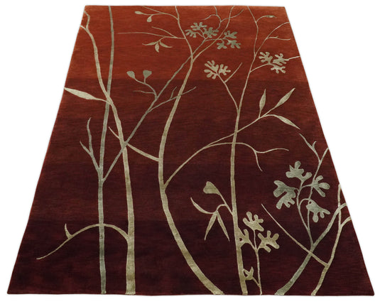 Floral Natural Farmhouse Wool and Silk Hand Woven Rug, Rust and Gold ,6x8 | HL268