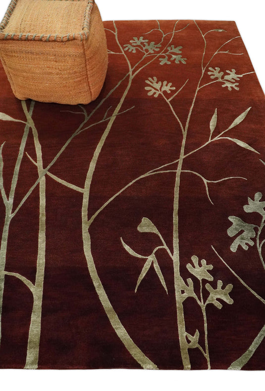 Floral Natural Farmhouse Wool and Silk Hand Woven Rug, Rust and Gold ,6x8 | HL268