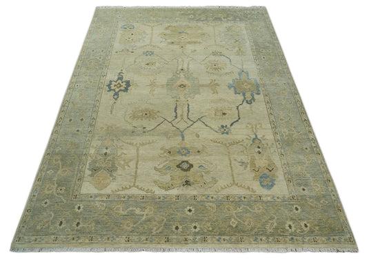 Traditional Beige and Moss Green Hand knotted 9x12 Vintage Oriental Oushak Area Rug, Living Room, Dinning and Kitchen Rug | CP818912