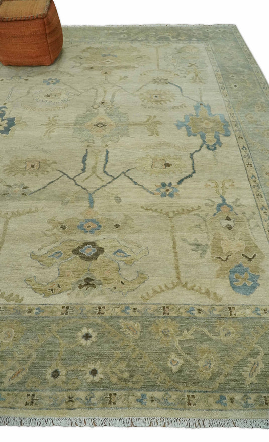 Traditional Beige and Moss Green Hand knotted 9x12 Vintage Oriental Oushak Area Rug, Living Room, Dinning and Kitchen Rug | CP818912