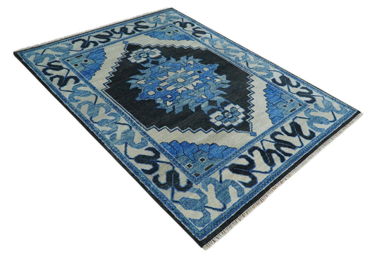 Black, Blue and Ivory Wool 5x8, 6x9, 8x10 and 9x12 Traditional Antique Vintage Persian Hand knotted Area Rug | CP822