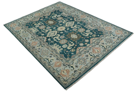 Antique Oriental Oushak 9x12 Large Handmade Vintage Persian Teal Blue, Beige and Silver Area Rug |CP826912