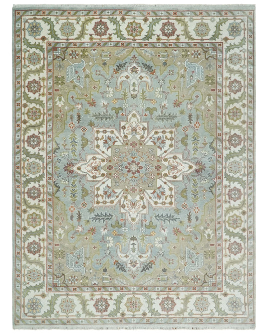Traditional Hand Knotted 9x12 Blue, Camel and Ivory Antique Persian Serapi Wool Rug | CP834912