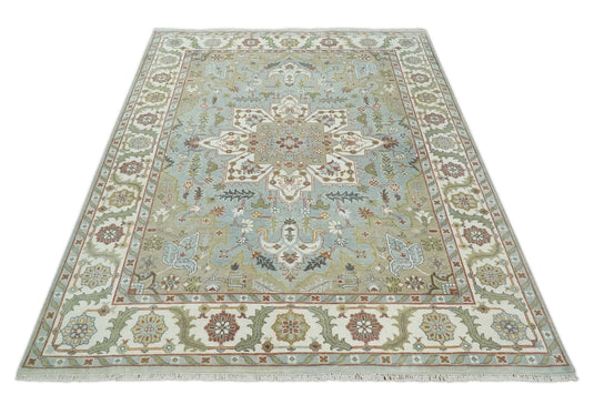 Traditional Hand Knotted 9x12 Blue, Camel and Ivory Antique Persian Serapi Wool Rug | CP834912