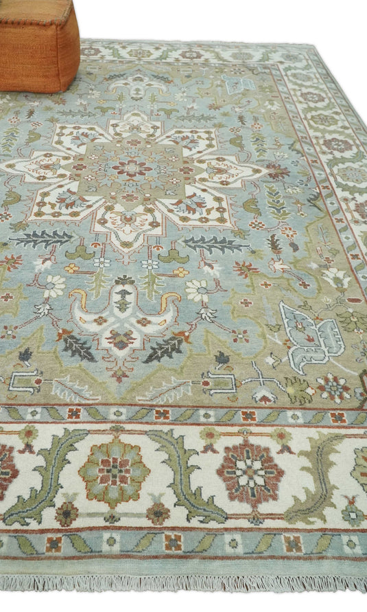 Traditional Hand Knotted 9x12 Blue, Camel and Ivory Antique Persian Serapi Wool Rug | CP834912