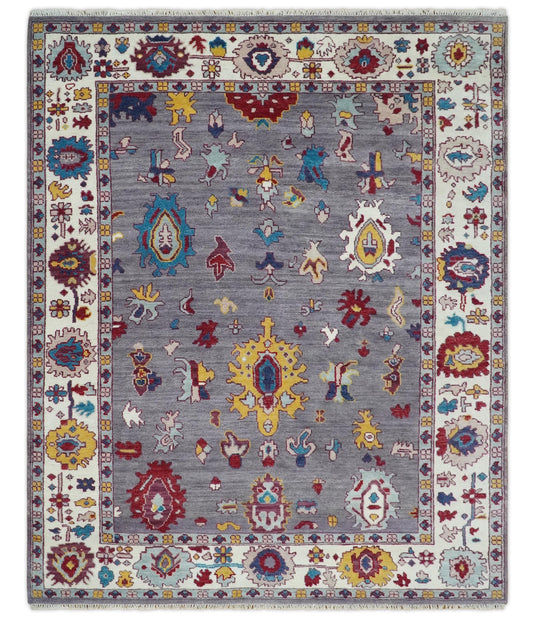 Hand knotted Turkish Oushak 8x10 Traditional Light Aubergine Ivory Vibrant Colorful Rug, Vintage Antique Living Room and Bedroom | CP841810