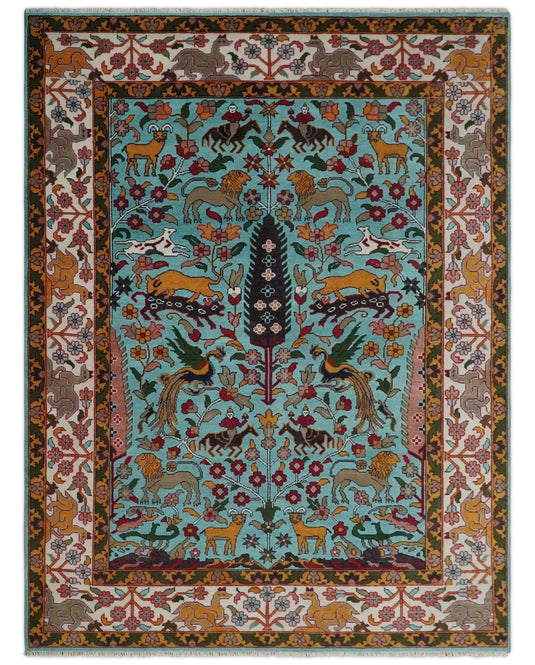 Traditional Vintage Persian Style Antique Wool 9x12 Hand Knotted Blue, Gold and Ivory Jungle Inspired Rug | CP843912