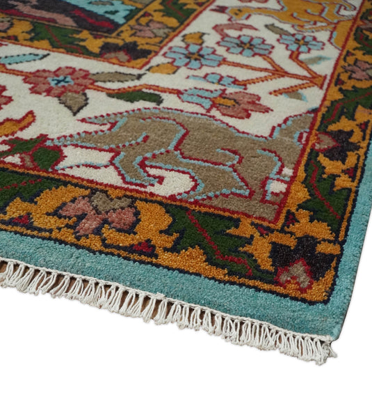 Traditional Vintage Persian Style Antique Wool 9x12 Hand Knotted Blue, Gold and Ivory Jungle Inspired Rug | CP843912