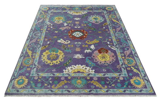 Hand knotted Turkish Oushak 9x11 Traditional Purple Blue Ivory Vibrant Colorful Rug, Vintage Antique Living Room and Bedroom | CP850912