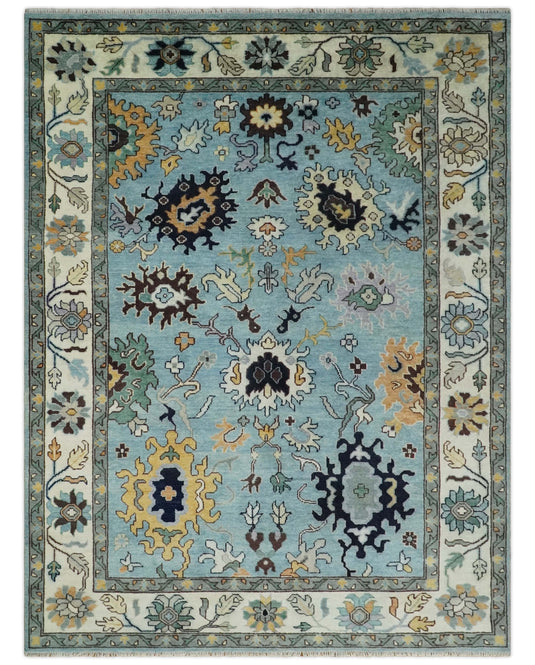 Hand knotted Turkish Oushak 9x12 Traditional Blue Ivory Vibrant Colorful Rug, Vintage Antique Living Room and Bedroom | CP852912