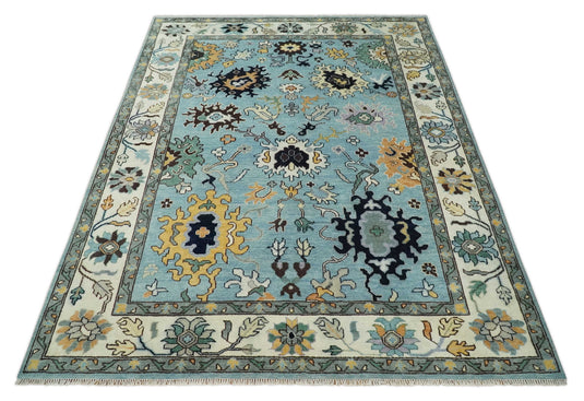Hand knotted Turkish Oushak 9x12 Traditional Blue Ivory Vibrant Colorful Rug, Vintage Antique Living Room and Bedroom | CP852912