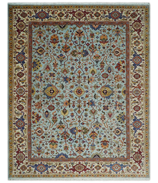 Traditional Vintage Style Antique Wool 9x12 Hand Knotted Blue, Gold and Ivory Rug | CP853