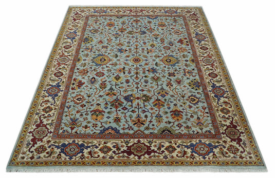 Traditional Vintage Style Antique Wool 9x12 Hand Knotted Blue, Gold and Ivory Rug | CP853
