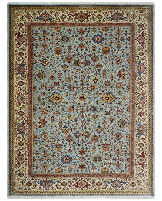 Traditional Vintage Style Antique Wool 9x12 Hand Knotted Blue, Gold and Ivory Rug | CP853