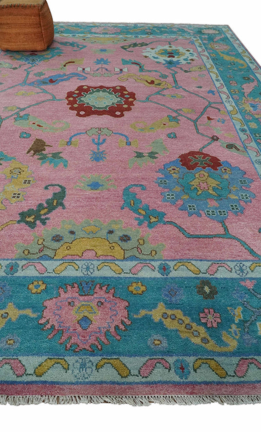 Oushak Pink and Blue 10x14 Hand Knotted Traditional Vintage Persian Style Antique Wool Rug | CP8671014