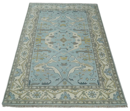Traditional Antique 6x8 Vintage Oriental Oushak Blue, Beige and Camel Hand Knotted Wool Area Rug | CP86968