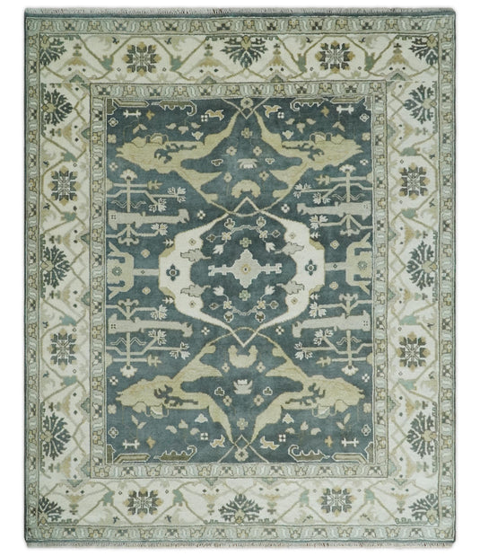 Traditional Blue Teal, Olive and Ivory Oriental Hand knotted Oushak Eclectic 8x10 All Wool Area Rug, Living Room Rug | CP880810