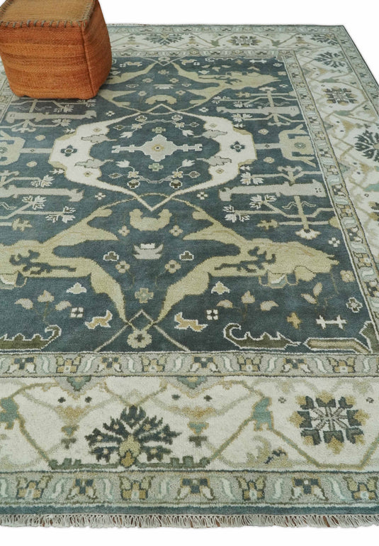 Traditional Blue Teal, Olive and Ivory Oriental Hand knotted Oushak Eclectic 8x10 All Wool Area Rug, Living Room Rug | CP880810