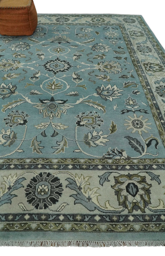 Traditional Antique 9x12 Vintage Oriental Oushak Blue, Ivory and Grey Hand Knotted Wool Area Rug | CP908912